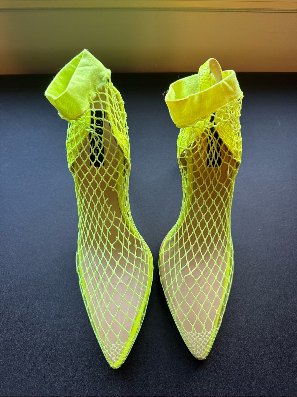 Neon Yellow Fishnet Pointed-Toe Heels with Ankle Cuff